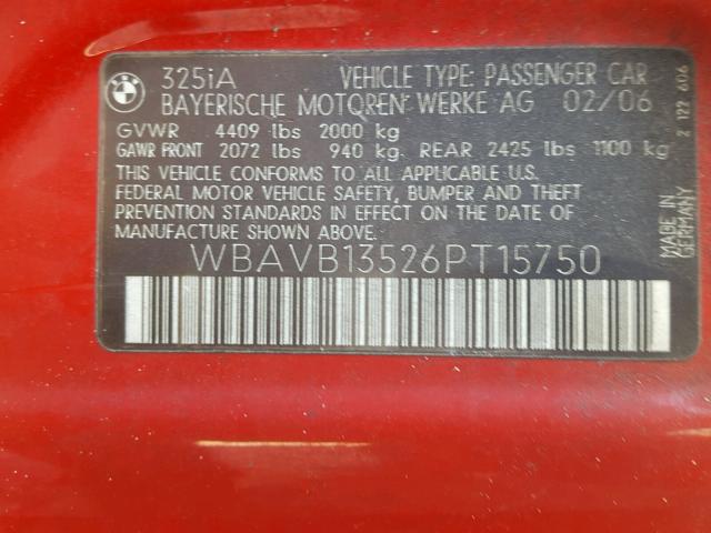 WBAVB13526PT15750 - 2006 BMW 325 I RED photo 10