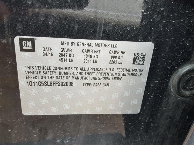 1G11C5SL6FF292008 - 2015 CHEVROLET MALIBU 1LT 黑色 照片 10