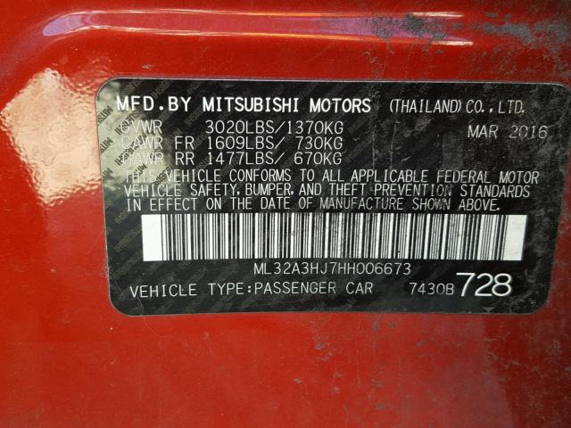 ML32A3HJ7HH006673 - 2017 MITSUBISHI MIRAGE ES RED photo 10