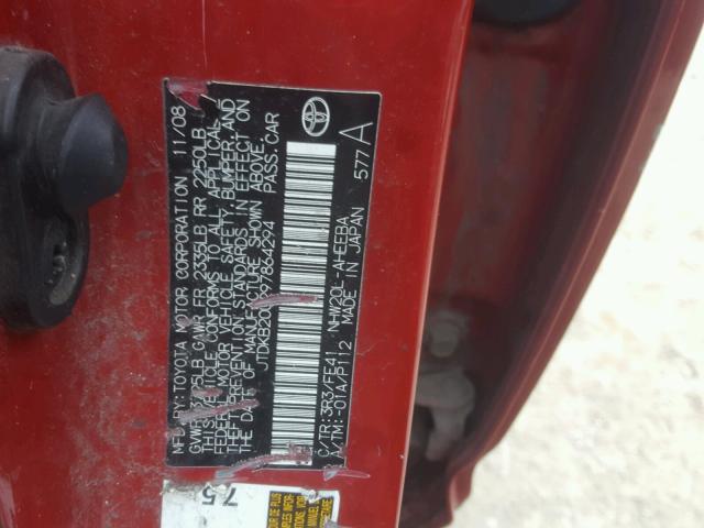 JTDKB20U297864294 - 2009 TOYOTA PRIUS RED photo 10