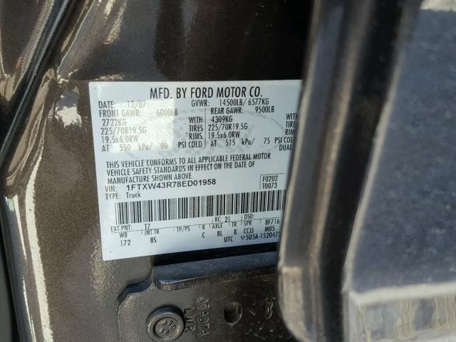 1FTXW43R78ED01958 - 2008 FORD F450 SUPER GRAY photo 10