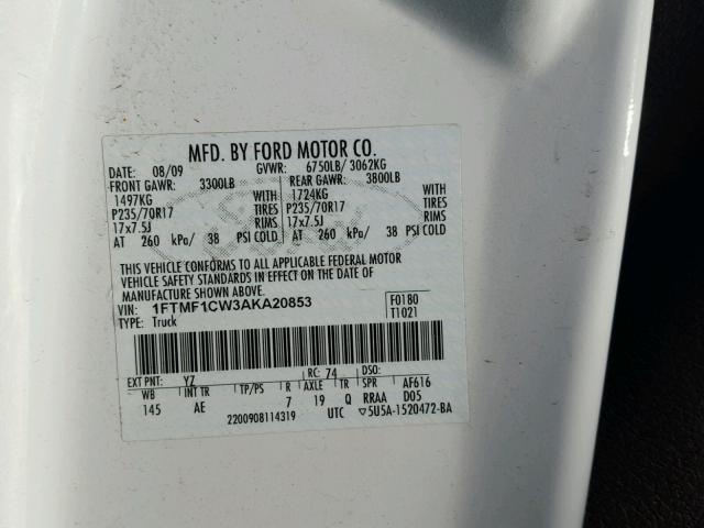 1FTMF1CW3AKA20853 - 2010 FORD F150 WHITE photo 10