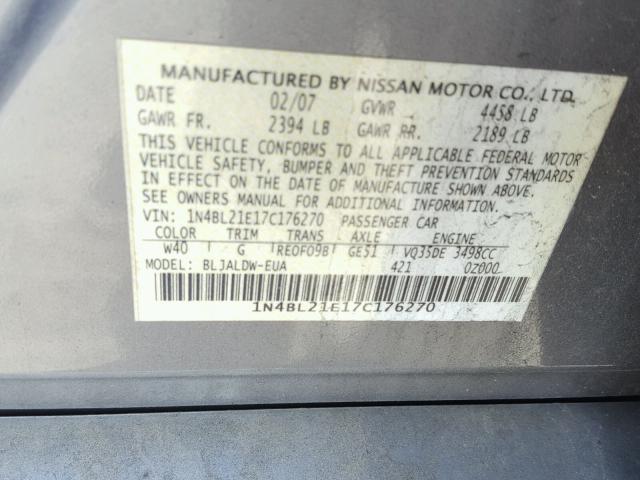 1N4BL21E17C176270 - 2007 NISSAN ALTIMA 3.5 GRAY photo 10