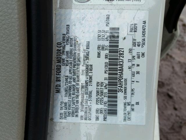 3FAHP0HA8AR372821 - 2010 FORD FUSION SE WHITE photo 10