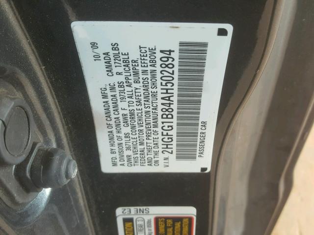 2HGFG1B84AH502894 - 2010 HONDA CIVIC EX ნაცრისფერი ფოტო 10