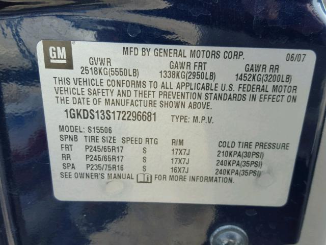 1GKDS13S172296681 - 2007 GMC ENVOY BLUE photo 10