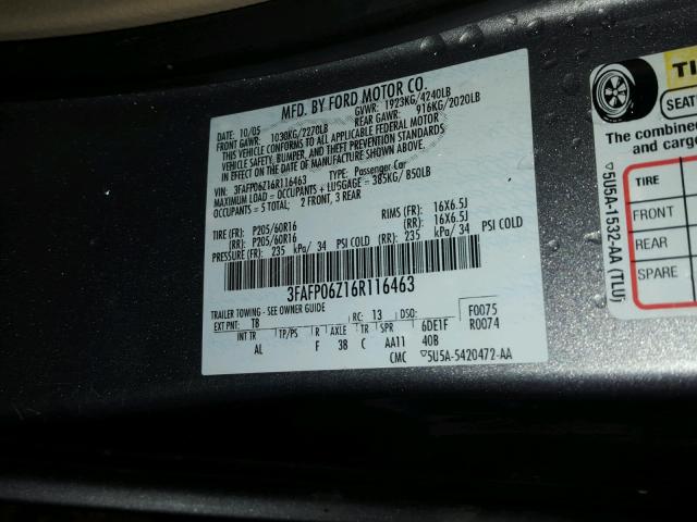3FAFP06Z16R116463 - 2006 FORD FUSION S GRAY photo 10