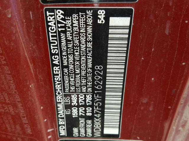 WDBKK47F5YF162928 - 2000 MERCEDES-BENZ SLK 230 KO MAROON photo 10