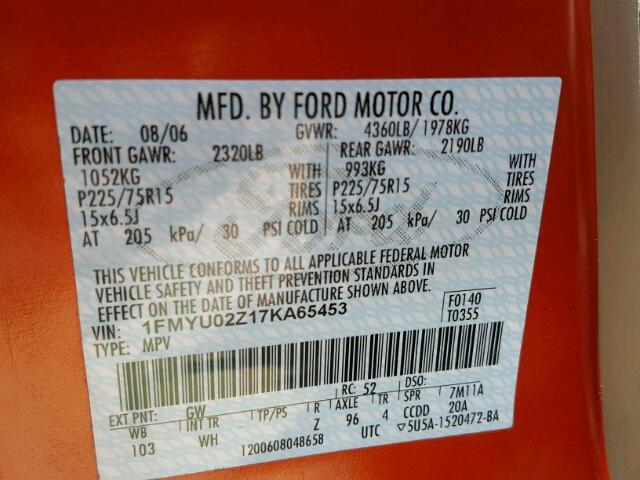 1FMYU02Z17KA65453 - 2007 FORD ESCAPE XLS ORANGE photo 10