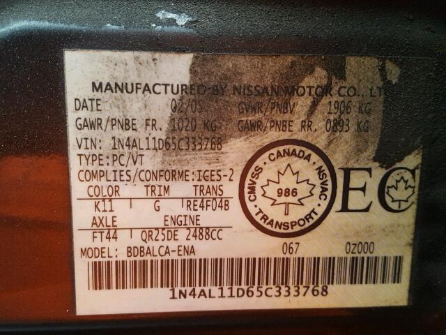 1N4AL11D65C333768 - 2005 NISSAN ALTIMA S GRAY photo 10