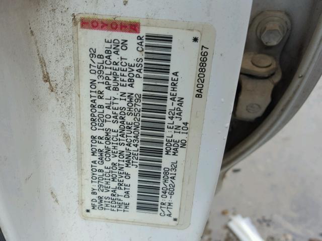 JT2EL43A0N0252792 - 1992 TOYOTA TERCEL DEL WHITE photo 10