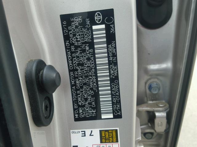 JTDKARFP9H3004718 - 2017 TOYOTA PRIUS PRIM ვერცხლისფერი ფოტო 10