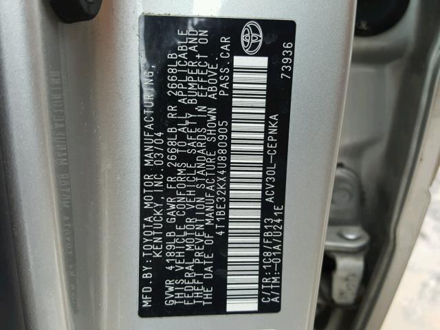 4T1BE32KX4U880905 - 2004 TOYOTA CAMRY LE SILVER photo 10