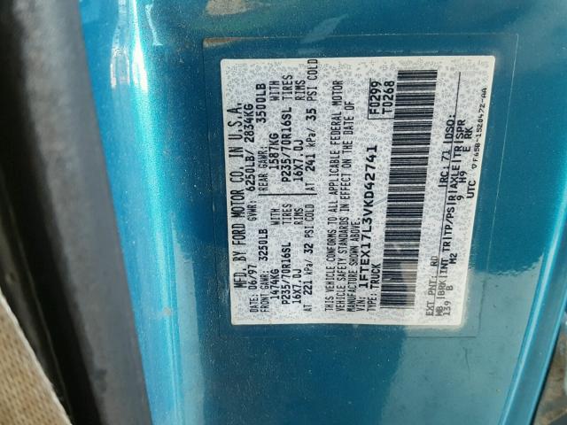 1FTEX17L3VKD42741 - 1997 FORD F150 TEAL photo 10