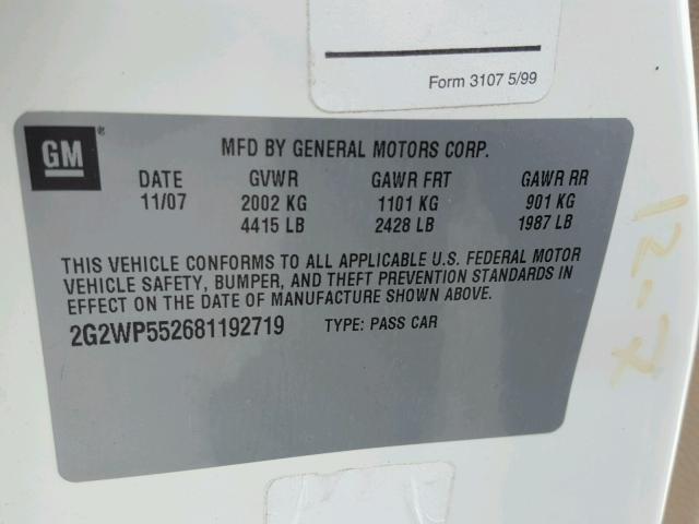 2G2WP552681192719 - 2008 PONTIAC GRAND PRIX WHITE photo 10