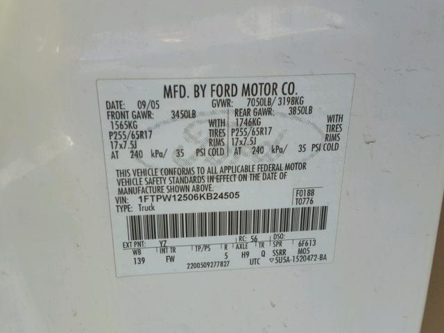 1FTPW12506KB24505 - 2006 FORD F150 SUPER WHITE photo 10