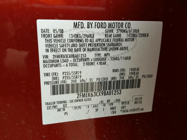 2FMEK63CX9BA01253 - 2009 FORD FLEX LIMIT MAROON photo 10