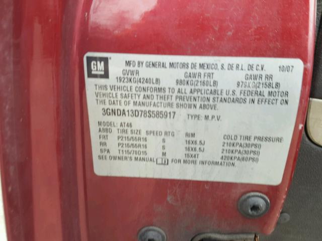 3GNDA13D78S585917 - 2008 CHEVROLET HHR LS MAROON photo 10