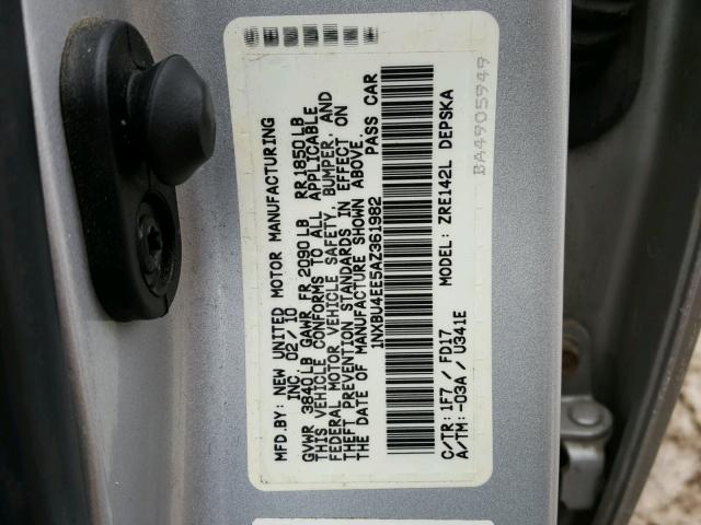 1NXBU4EE5AZ361982 - 2010 TOYOTA COROLLA BA SILVER photo 10