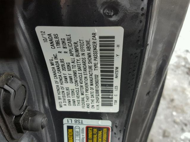 2HGFG3B81CH563702 - 2012 HONDA CIVIC EX GRAY photo 10