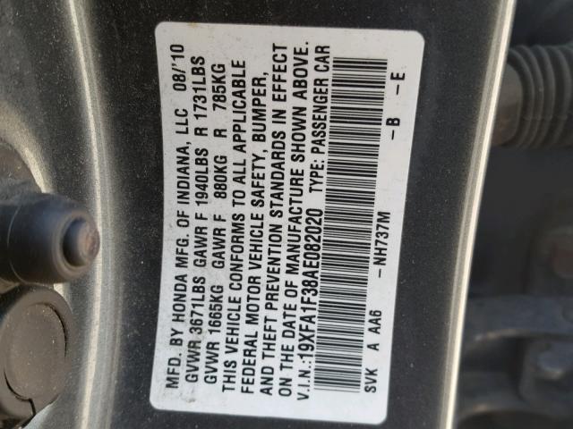 19XFA1F38AE082020 - 2010 HONDA CIVIC VP CHARCOAL photo 10