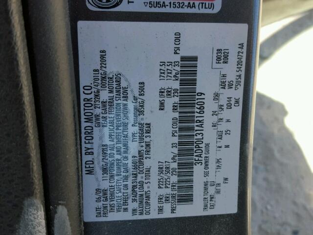 3FADP0L31AR166019 - 2010 FORD FUSION HYB GRAY photo 10