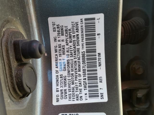 1HGFA16887L088865 - 2007 HONDA CIVIC EX Boz foto 10