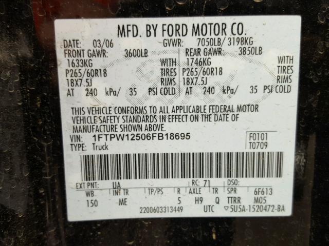 1FTPW12506FB18695 - 2006 FORD F150 SUPER BLACK photo 10