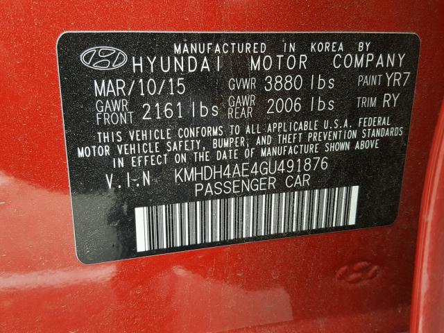 KMHDH4AE4GU491876 - 2016 HYUNDAI ELANTRA SE RED photo 10