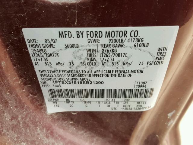 1FTSX21518EB21290 - 2008 FORD F250 SUPER MAROON photo 10