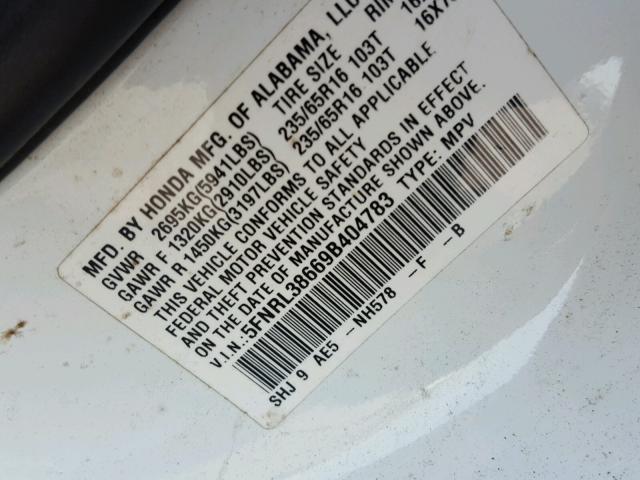 5FNRL38669B404783 - 2009 HONDA ODYSSEY EX WHITE photo 10