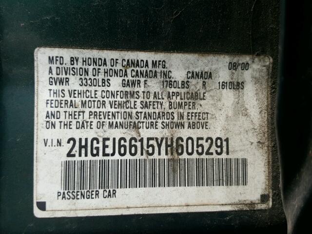 2HGEJ6615YH605291 - 2000 HONDA CIVIC BASE GREEN photo 10