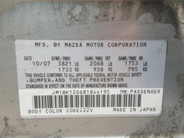 JM1BK12G681844195 - 2008 MAZDA 3 I SILVER photo 10