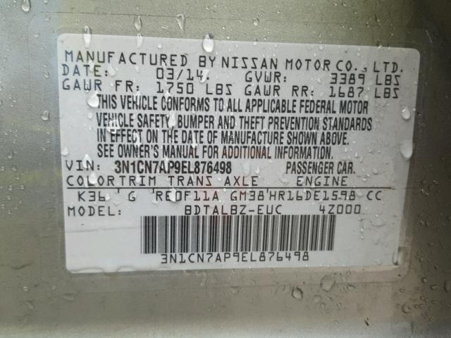 3N1CN7AP9EL876498 - 2014 NISSAN VERSA S SILVER photo 10