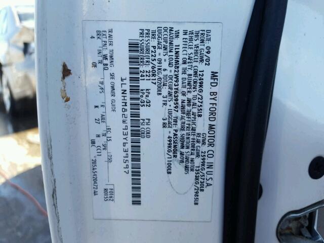 1LNHM82W93Y639597 - 2003 LINCOLN TOWN CAR WHITE photo 10