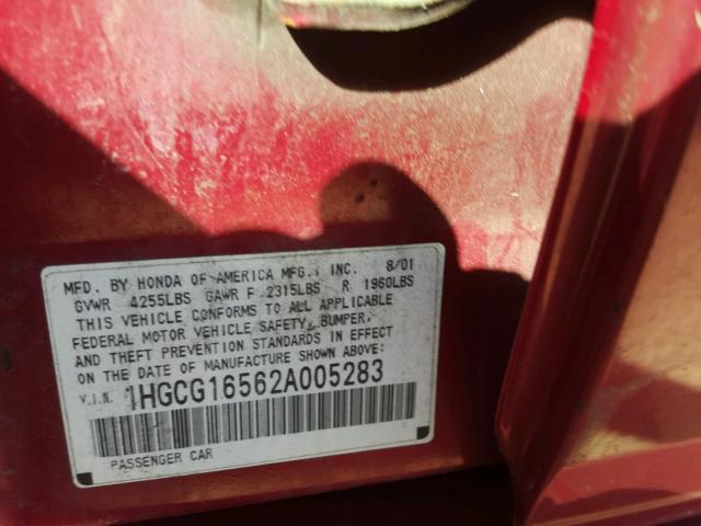 1HGCG16562A005283 - 2002 HONDA ACCORD EX MAROON photo 10