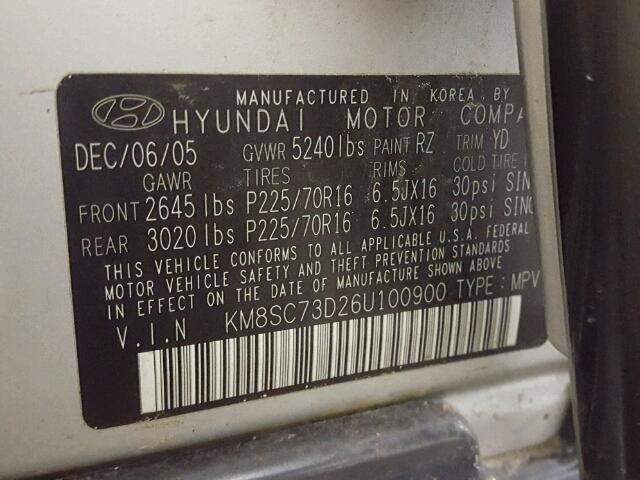 KM8SC73D26U100900 - 2006 HYUNDAI SANTA FE G SILVER photo 10