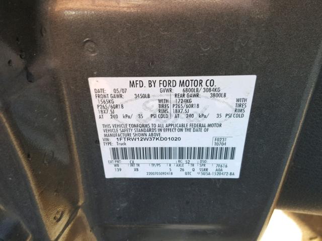 1FTRW12W37KD01020 - 2007 FORD F150 SUPER CHARCOAL photo 10