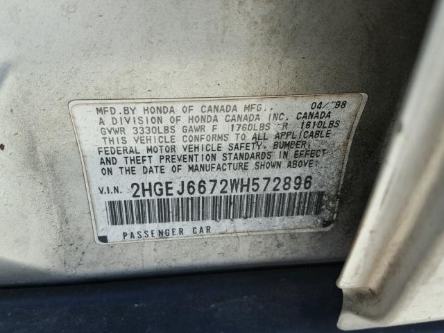 2HGEJ6672WH572896 - 1998 HONDA CIVIC LX SILVER photo 10