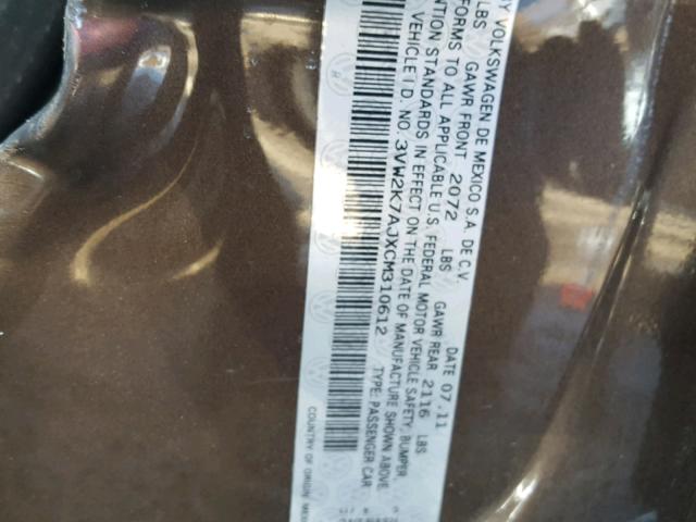 3VW2K7AJXCM310612 - 2012 VOLKSWAGEN JETTA BASE 棕色 照片 10