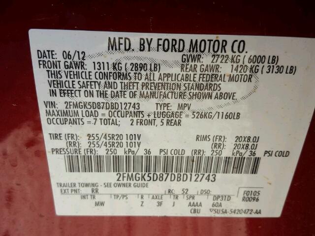 2FMGK5D87DBD12743 - 2013 FORD FLEX LIMIT RED photo 10