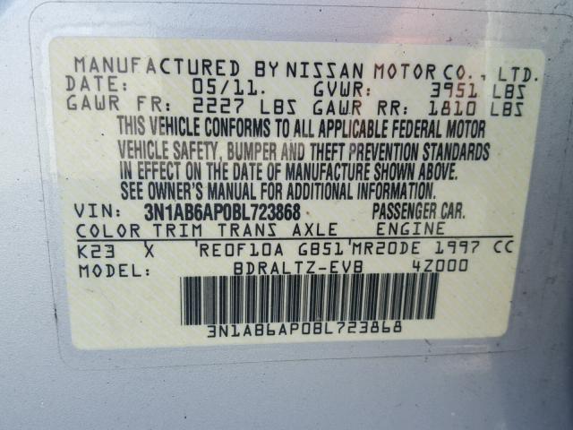 3N1AB6AP0BL723868 - 2011 NISSAN SENTRA 2.0 SILVER photo 10