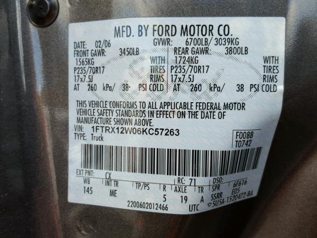 1FTRX12W06KC57263 - 2006 FORD F150 BLACK photo 10