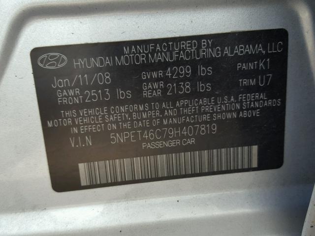 5NPET46C79H407819 - 2009 HYUNDAI SONATA GLS SILVER photo 10