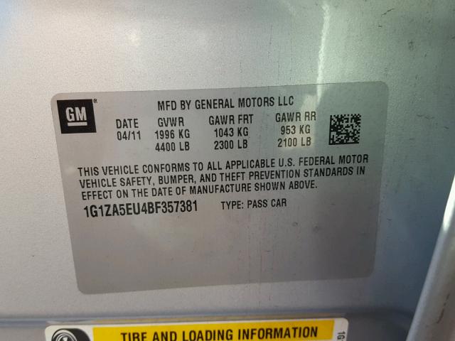 1G1ZA5EU4BF357381 - 2011 CHEVROLET MALIBU LS ვერცხლისფერი ფოტო 10