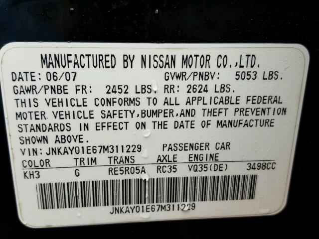 JNKAY01E67M311229 - 2007 INFINITI M35 BASE BLACK photo 10