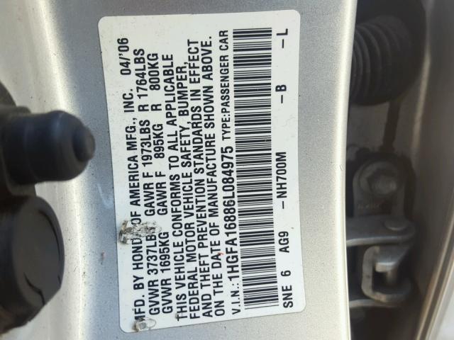 1HGFA16886L084975 - 2006 HONDA CIVIC EX SILVER photo 10