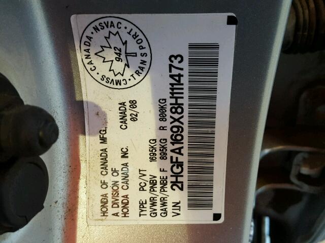 2HGFA169X8H111473 - 2008 HONDA CIVIC EXL 银色 照片 10