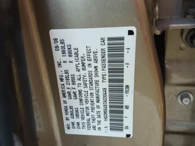 1HGCM56497A030449 - 2007 HONDA ACCORD LX GOLD photo 10