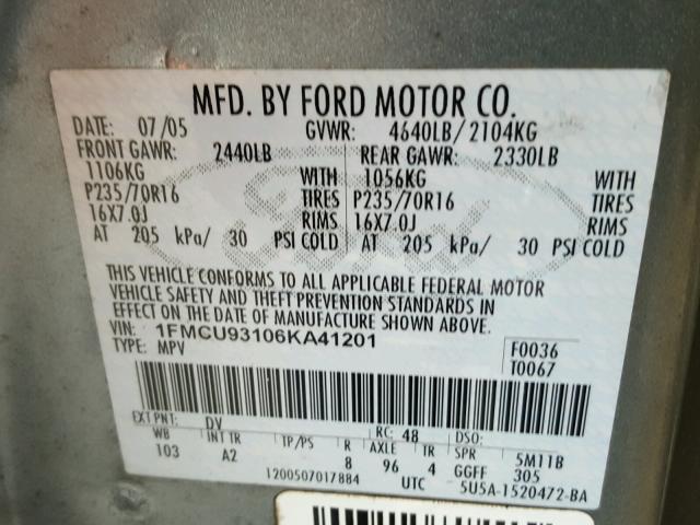 1FMCU93106KA41201 - 2006 FORD ESCAPE XLT GREEN photo 10